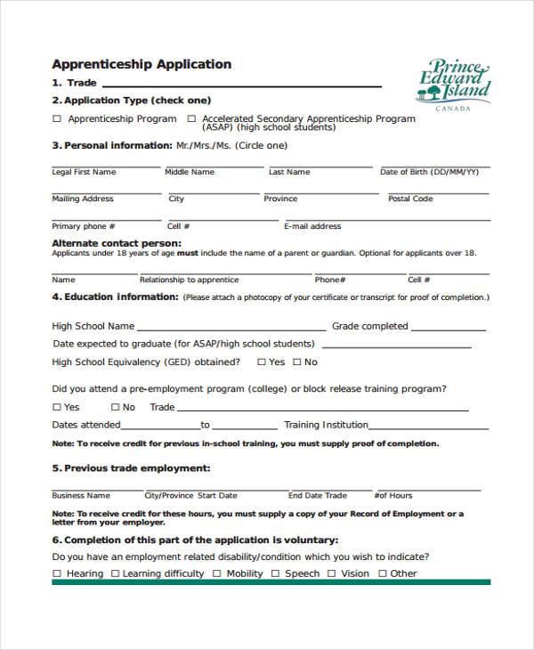 apprenticeship application agreement form