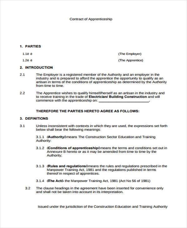 apprenticeship contract agreement form