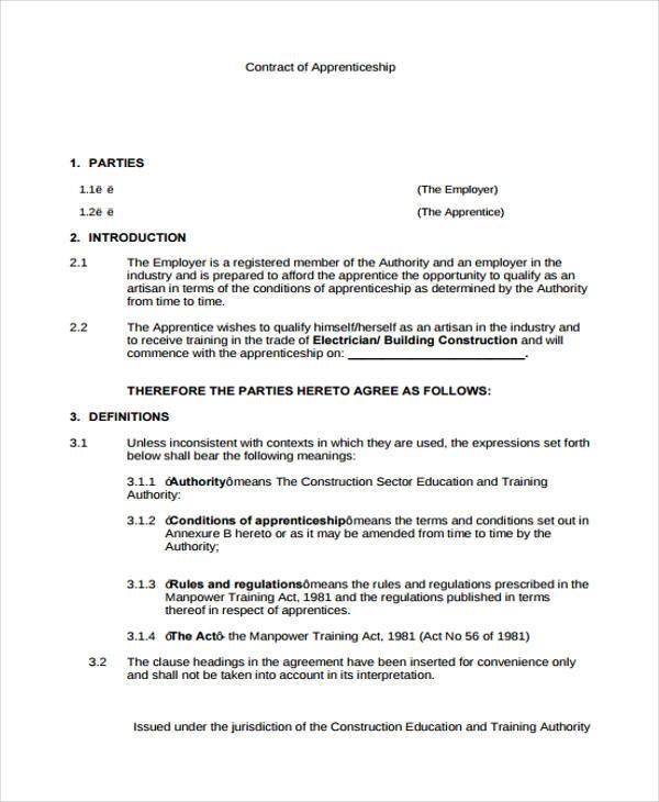 Free Apprenticeship Contract Of Employment Template PRINTABLE TEMPLATES