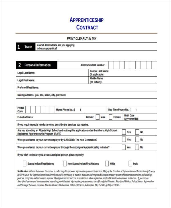 apprenticeship contract form in pdf