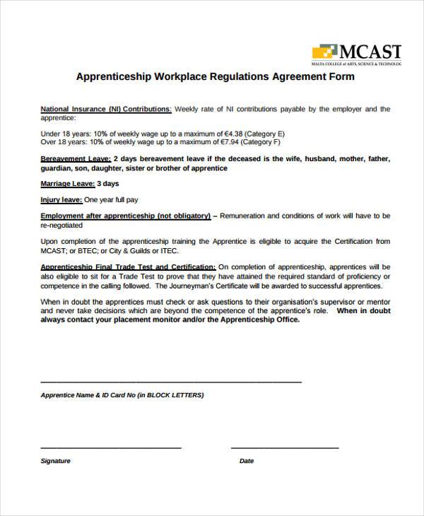 FREE 12+ Apprenticeship Agreement Form Samples, PDF, MS Word, Google Docs