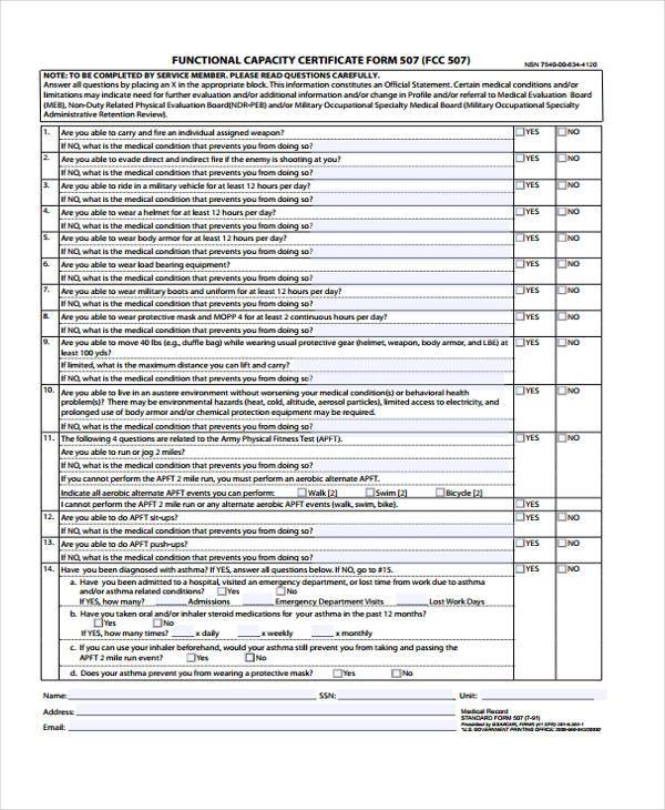 army functional capacity evaluation form
