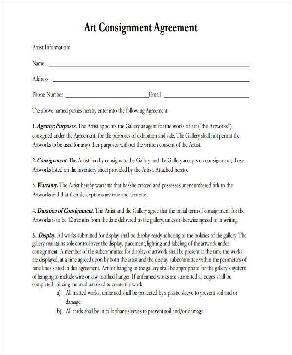 artist consignment agreement form example