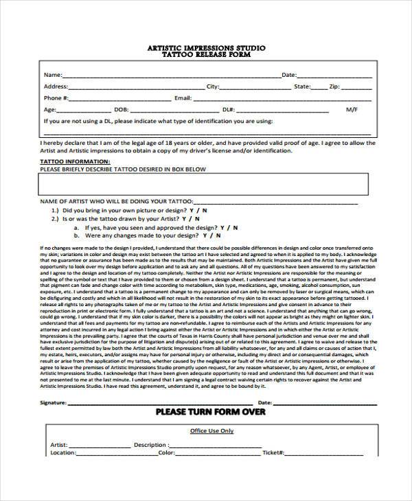 artistic tattoo release form