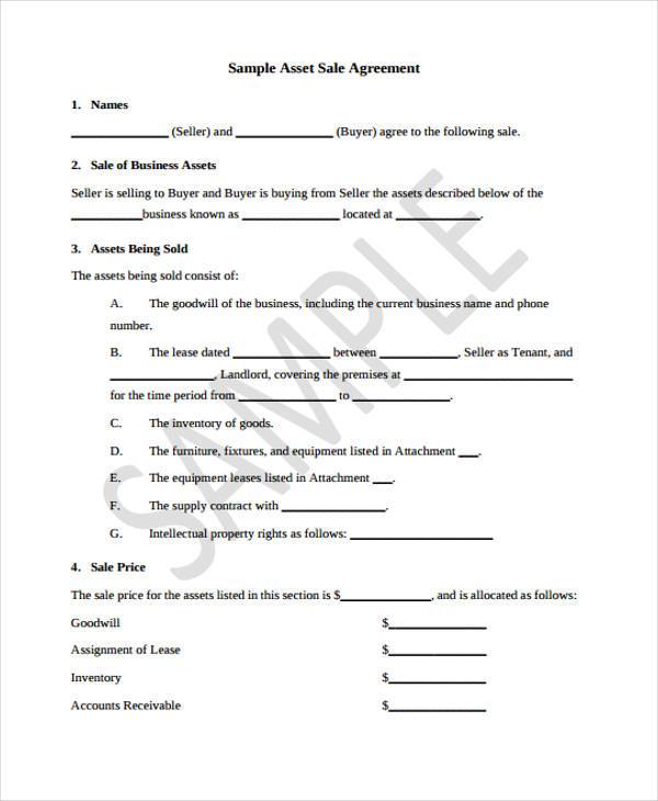asset sale agreement form example