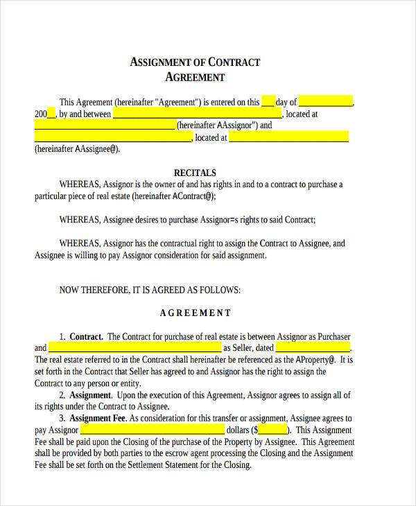 assignment contract agreement form 