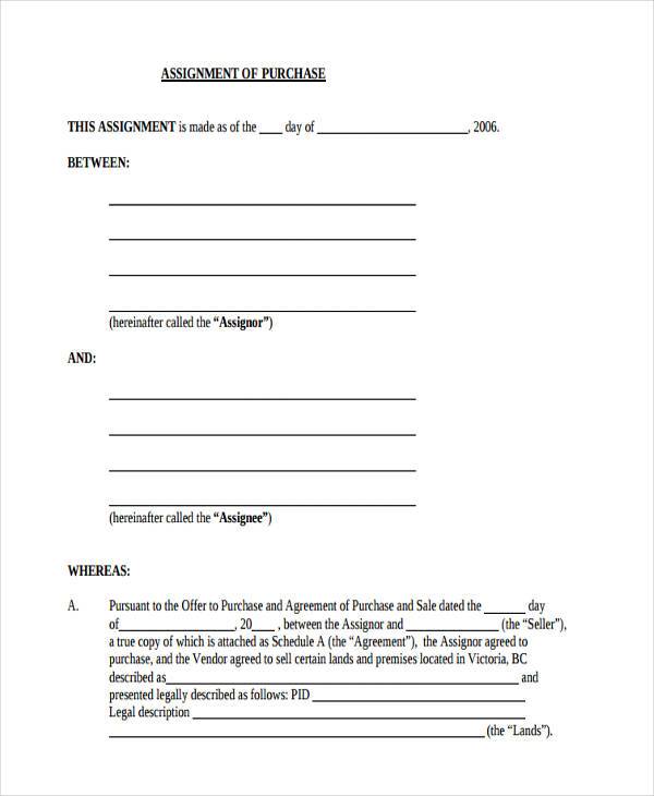 assignment purchase agreement form
