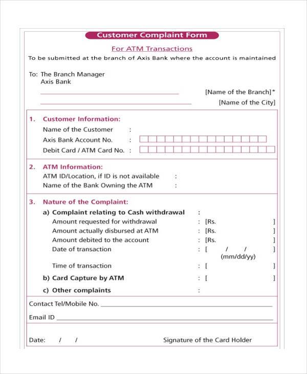 bank customer complaint form