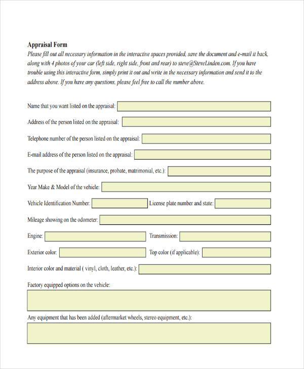 basic auto appraisal form sample
