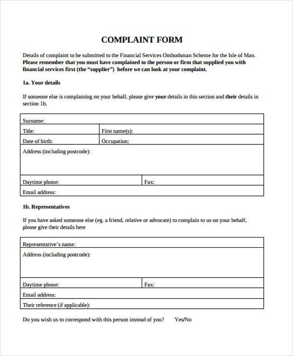 basic financial complaint form