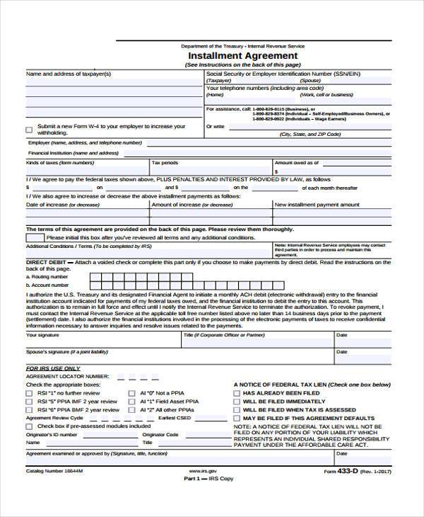 Free 8 Installment Agreement Form Samples In Pdf Ms Word 7648