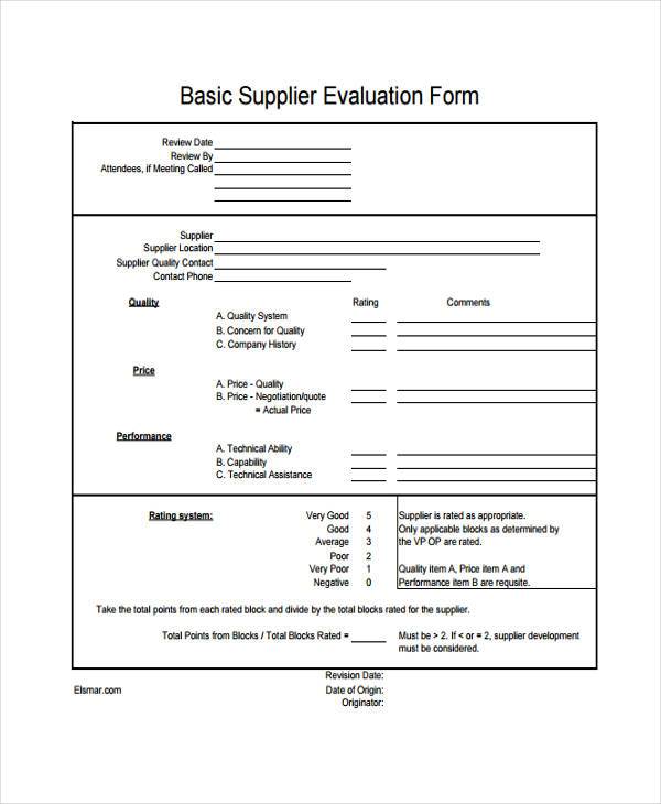 basic supplier evaluation form sample