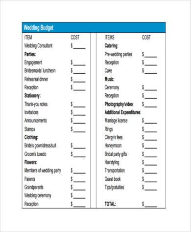 basic wedding budget form