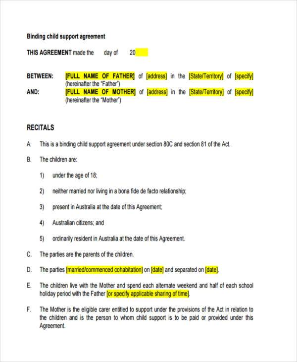 Binding Child Support Agreement Example