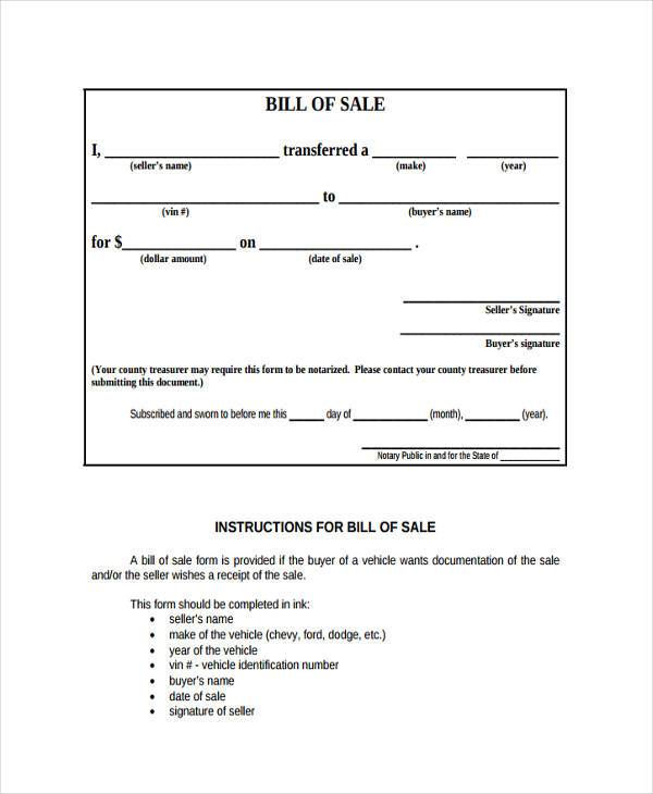 Generic Blank Bill Of Sale Form