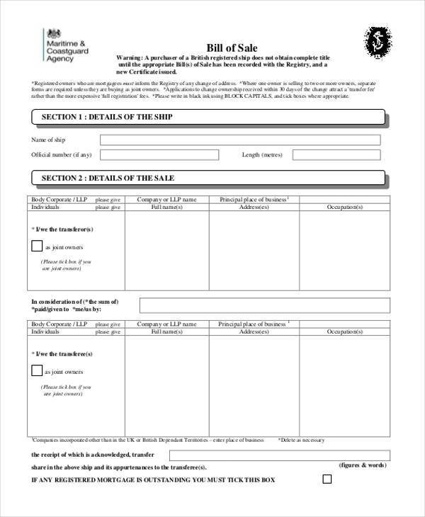 blank business bill of sale form