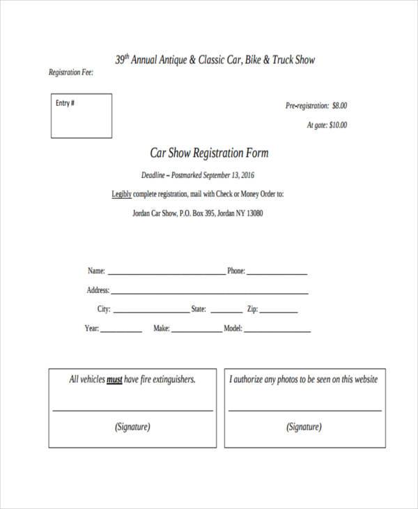 blank car show registration form