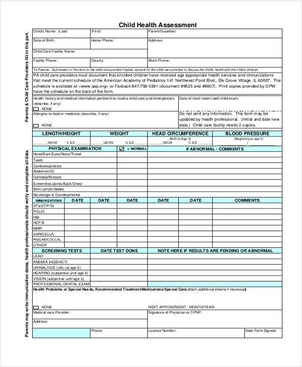 blank child health assessment form