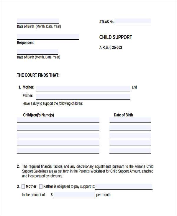 blank child support agreement form example