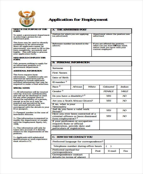 blank employment application forms