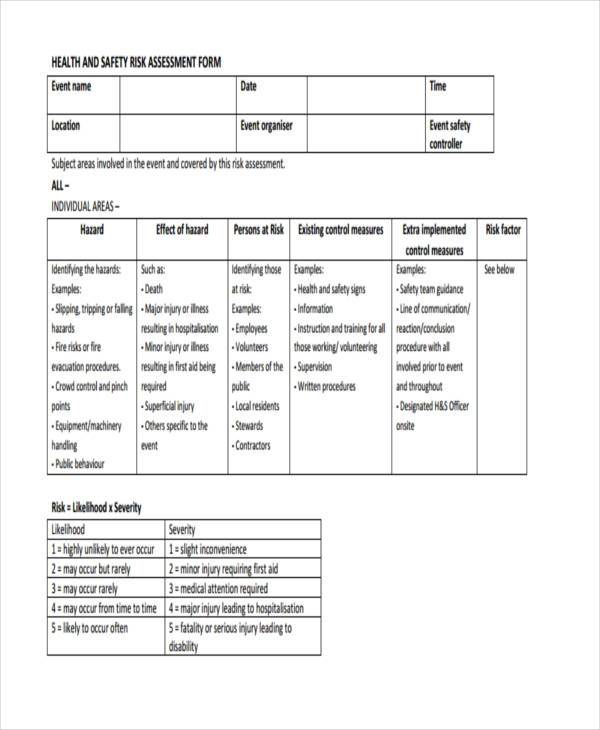 Free 7 Sample Health And Safety Risk Assessment Forms In Pdf Ms Word