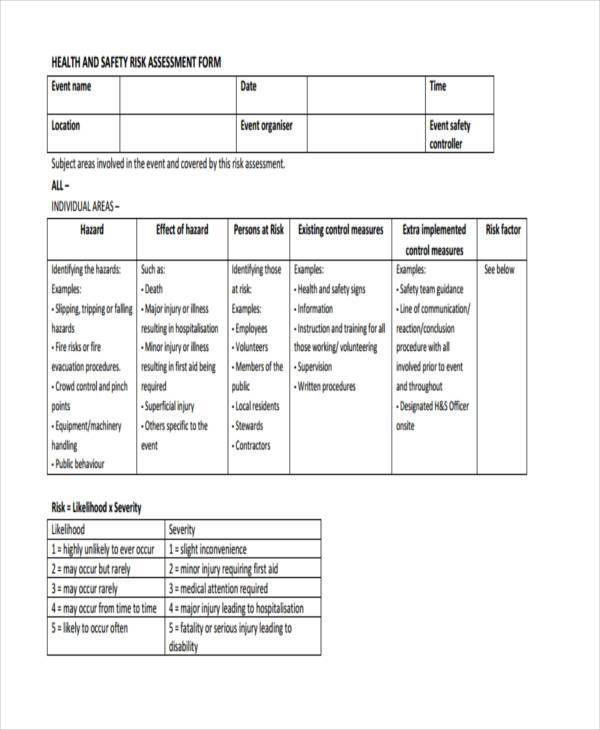 safety form and health Risk  Assessment  Sample and 7 Health Free Forms Safety