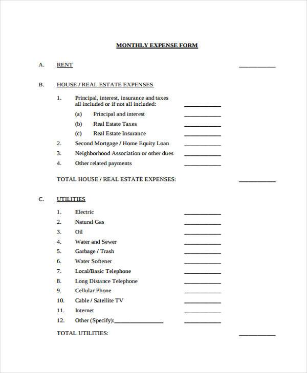 blank monthly expense form