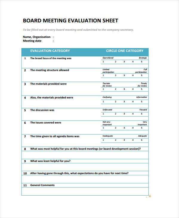 board meeting evaluation sheet form