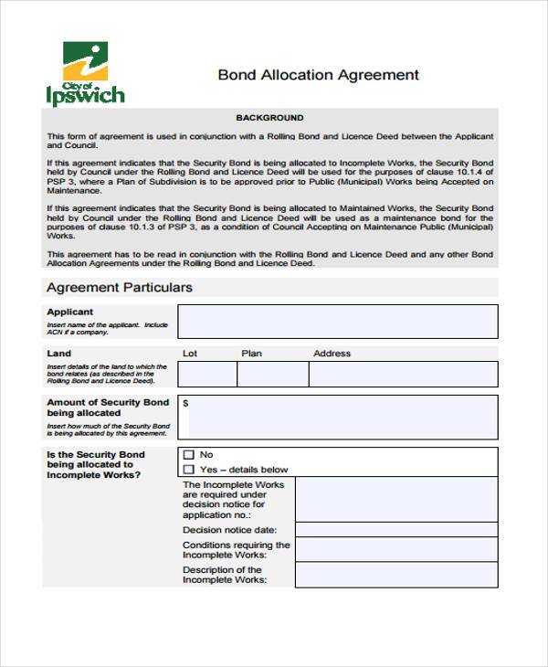 bond allocation agreement form sample