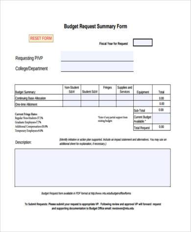 budget request summary form