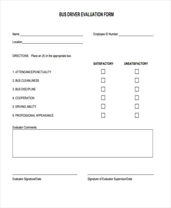 bus driver evaluation form