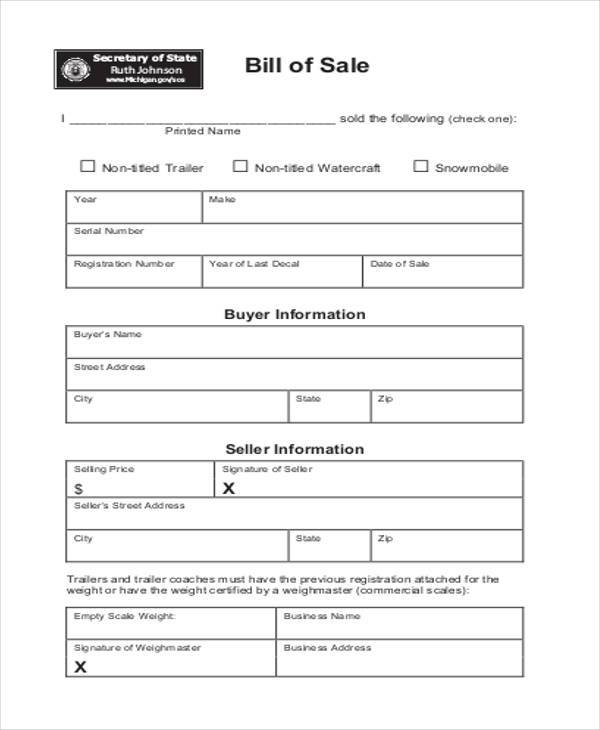 business bill of sale form example