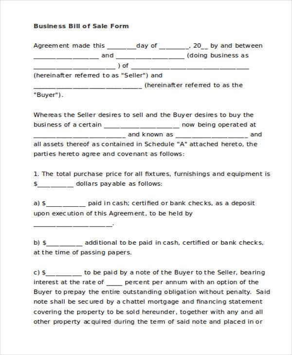 business bill of sale form in word format