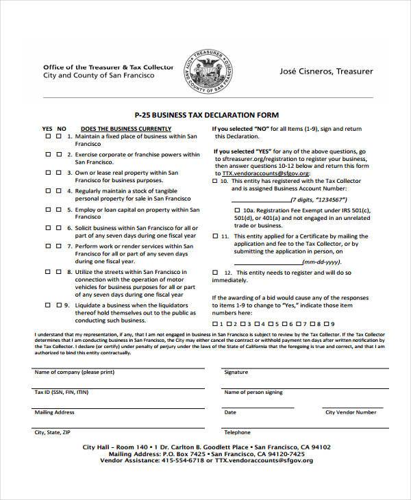 business declaration form example