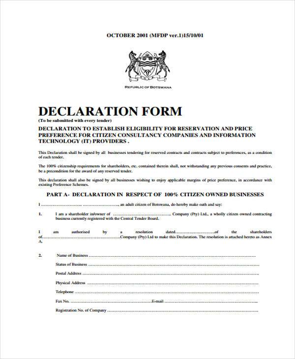 FREE 8+ Sample Business Declaration Forms in PDF | MS Word | Excel