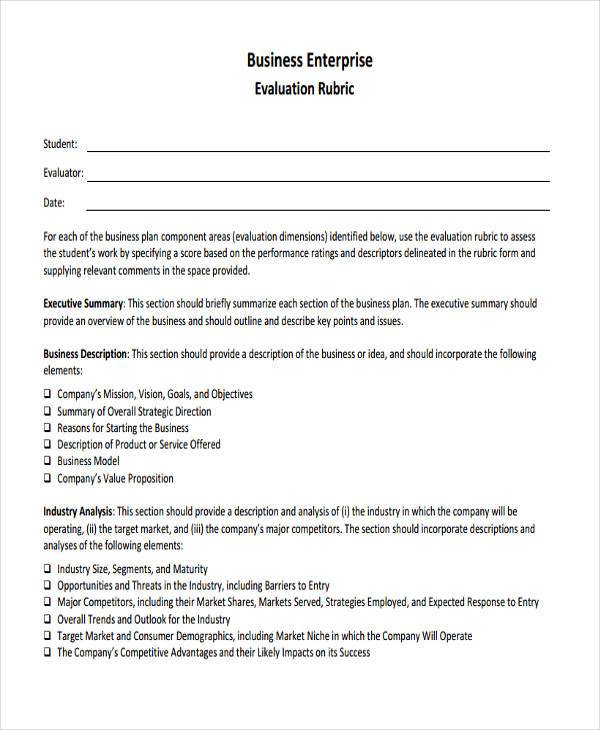 business evaluation form example
