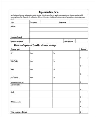 business expense claim form example