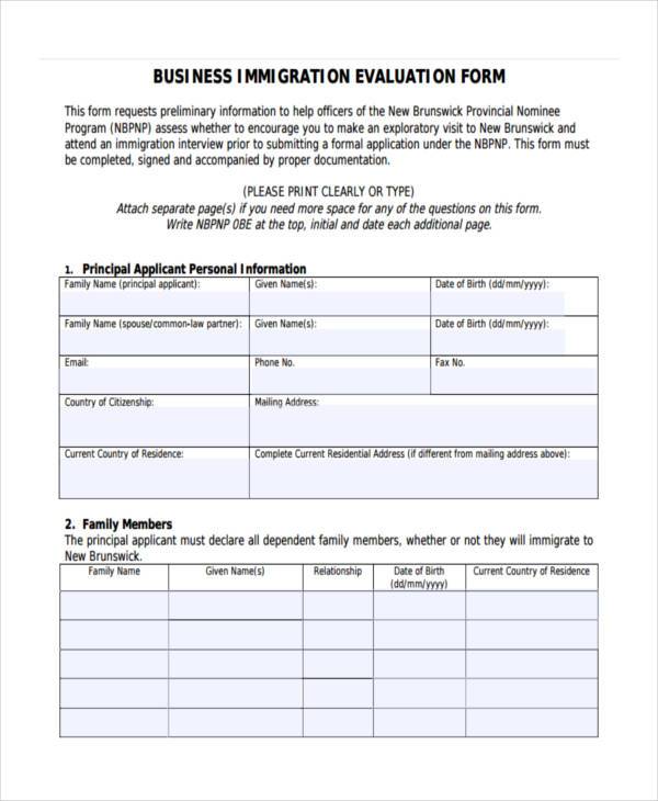 business immigration evaluation form