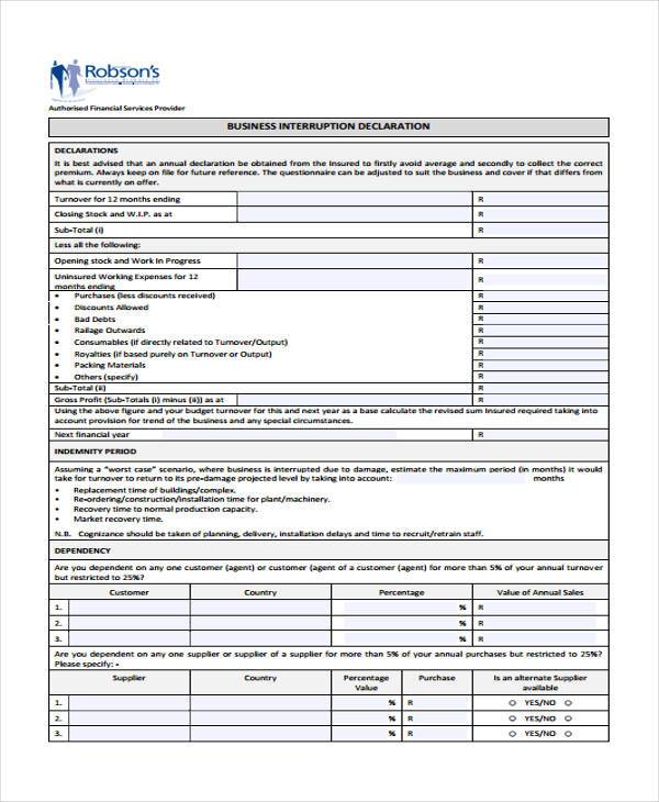 business interruption declaration form