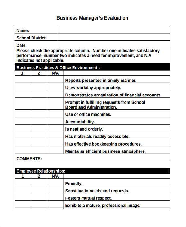 business manager evaluation form