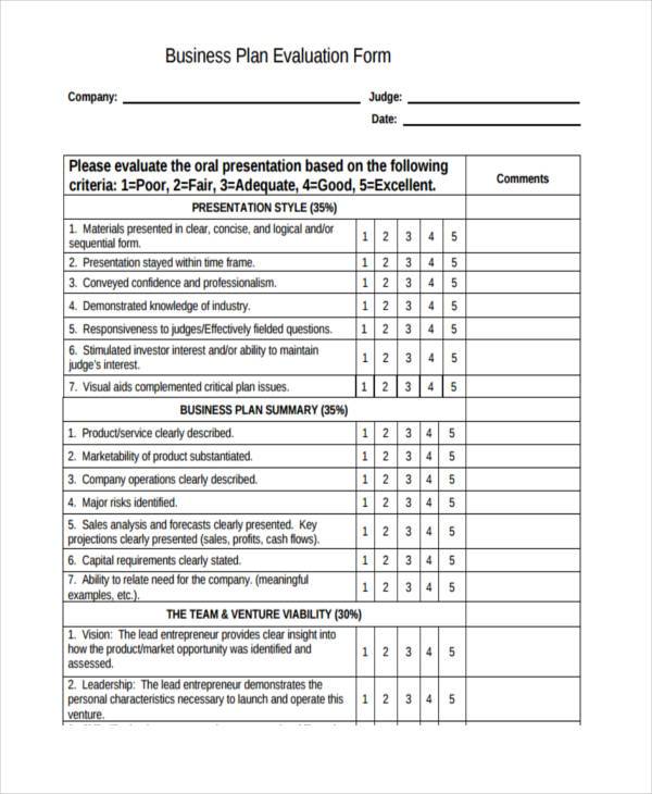 business plan evaluation form