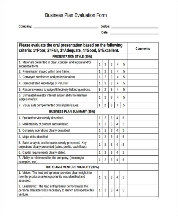 evaluation of a business plan