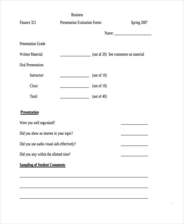 business presentation evaluation form