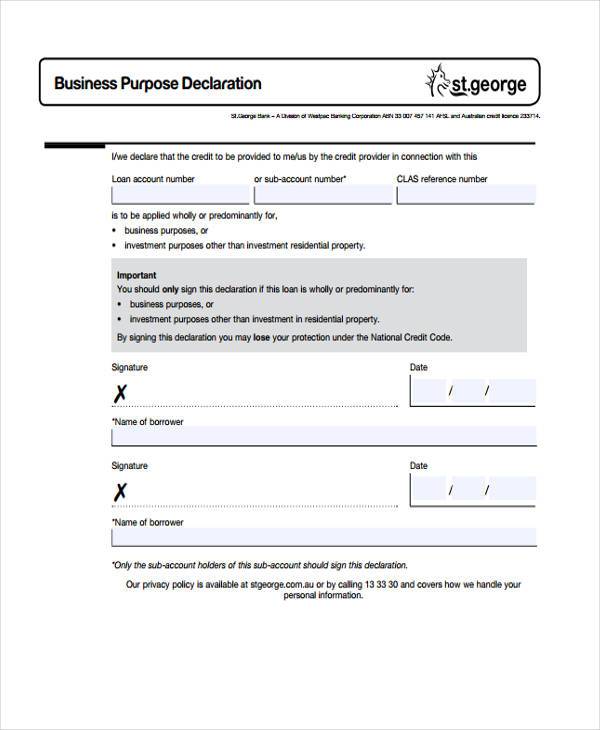 business purpose declaration form