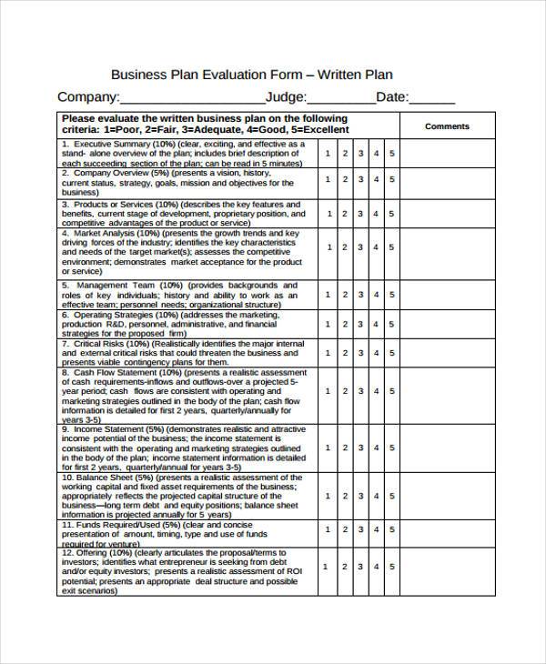 evaluation for business plan