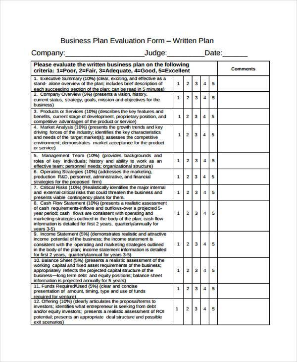 sample business plan evaluation