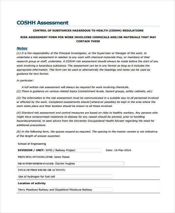 coshh assessment form example