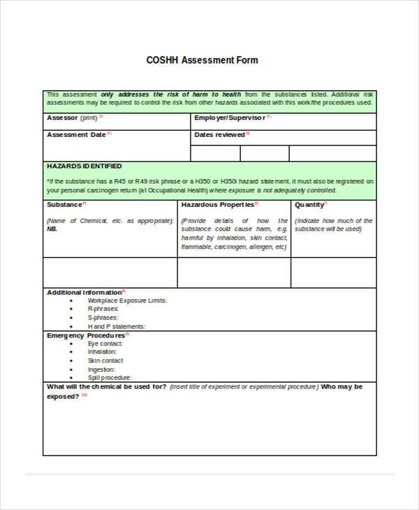 coshh assessment form in doc