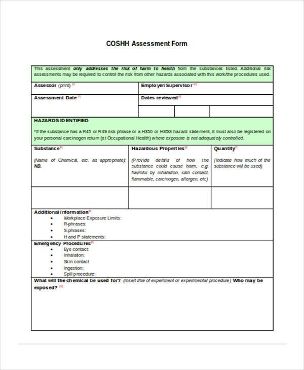 Coshh Assessment Form Template Sampletemplatess Sampletemplatess