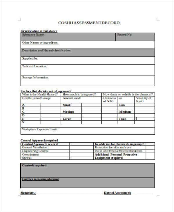 coshh assessment record form